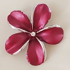 Pink enamel Plumeria pin brooch with rhinestone center